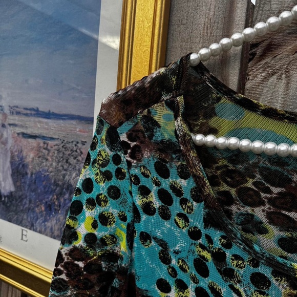 sheer mesh leopard print blouse sequins blue brown green long sleeve - Picture 3 of 7